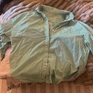 Daily Drills Green and White Striped Button-Up Shirt